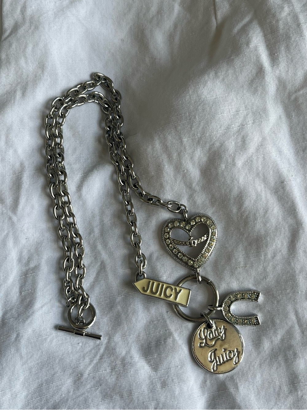 Juicy Couture Silver Charm Pendant Necklace with Crystal Heart & Horseshoe